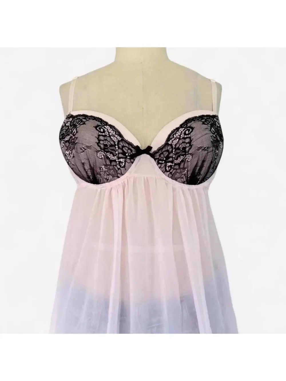 Gillian and OMalley Pink Black Lace Babydoll Lingerie Top Sheer Mesh Coquette